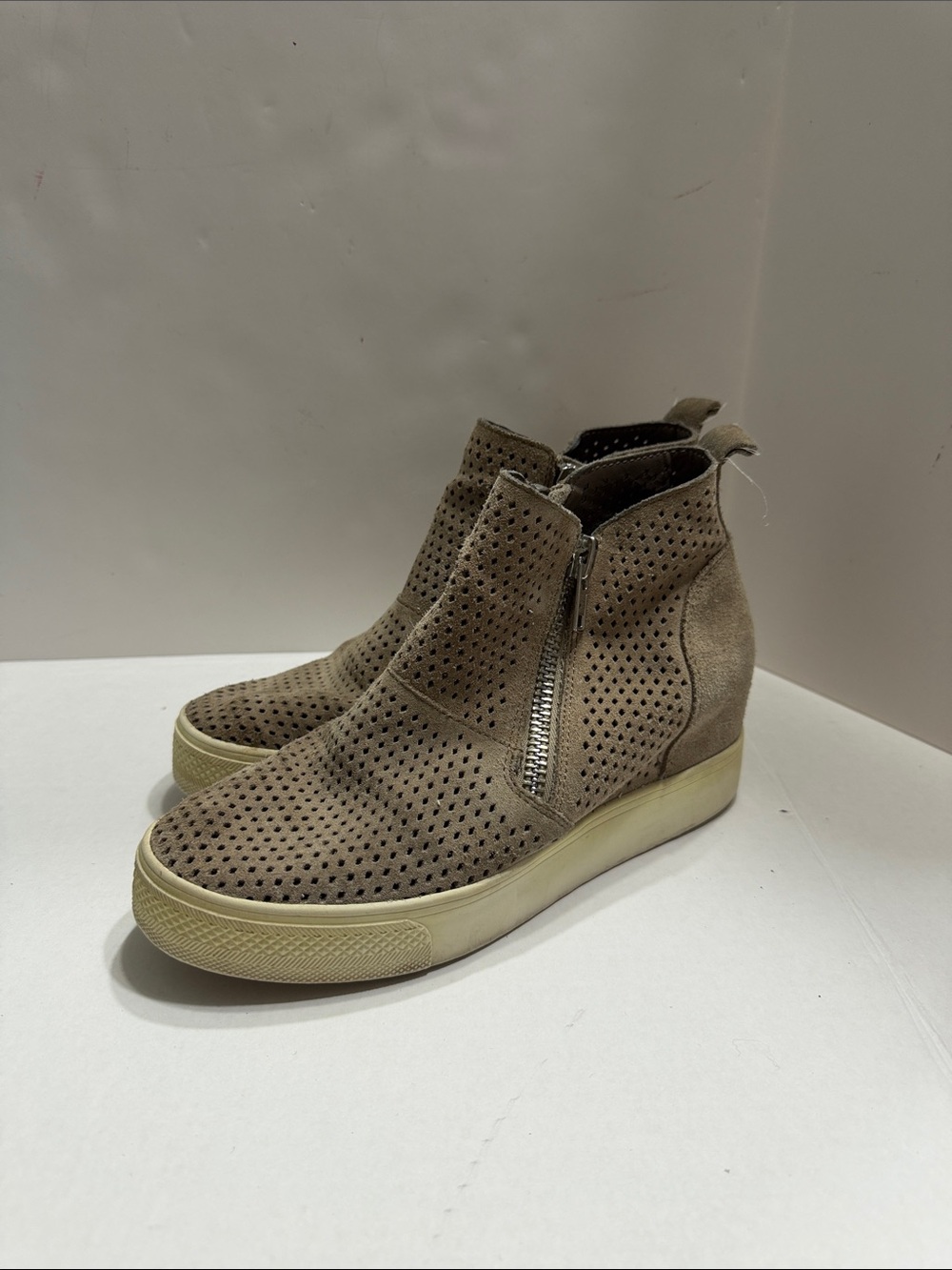 Steve Madden Taupe Perforated Wedge Sneaker Booties